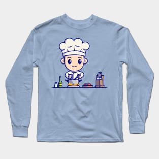 Cute Boy Chef Cooking In Kitchen Cartoon Long Sleeve T-Shirt